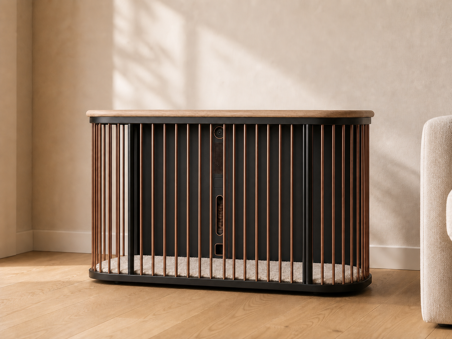 The Koja smart den with pale oak top, satin bronze rods, and matte black frame