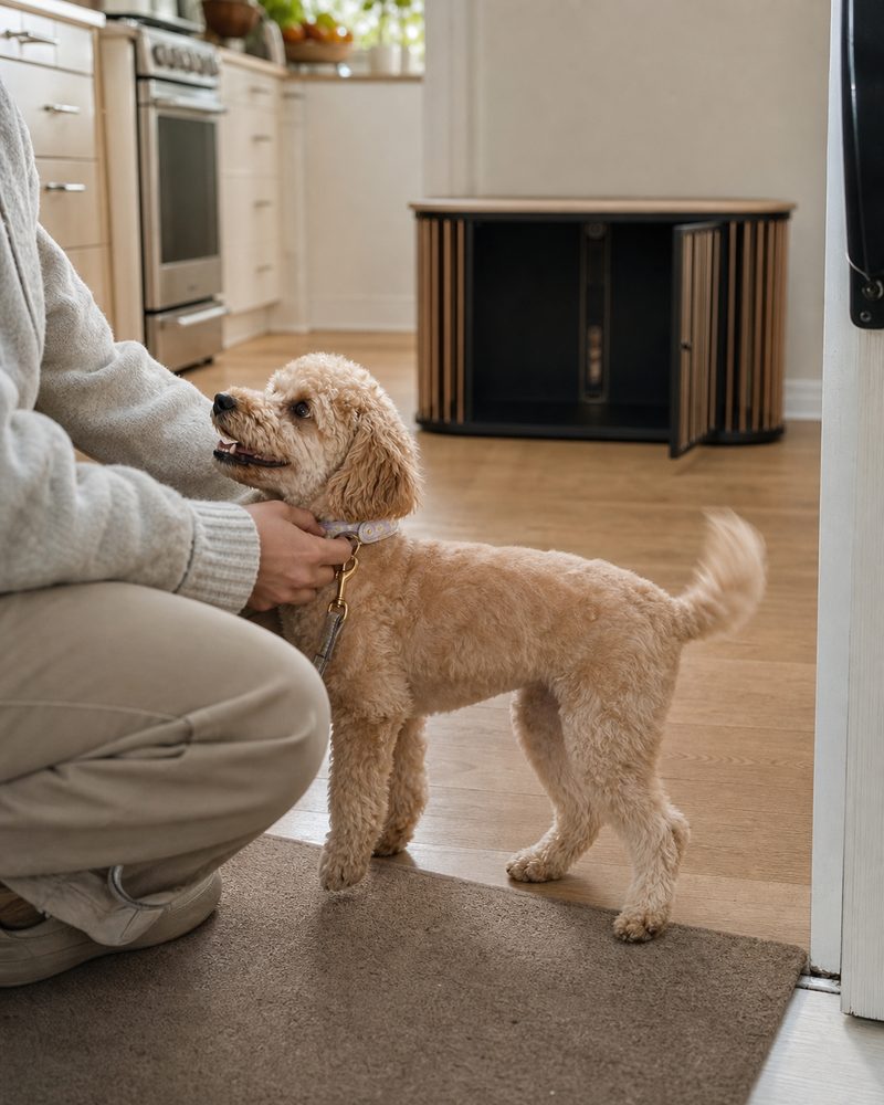 A sitter clips Peanut’s leash by the door while the open den rests in the background