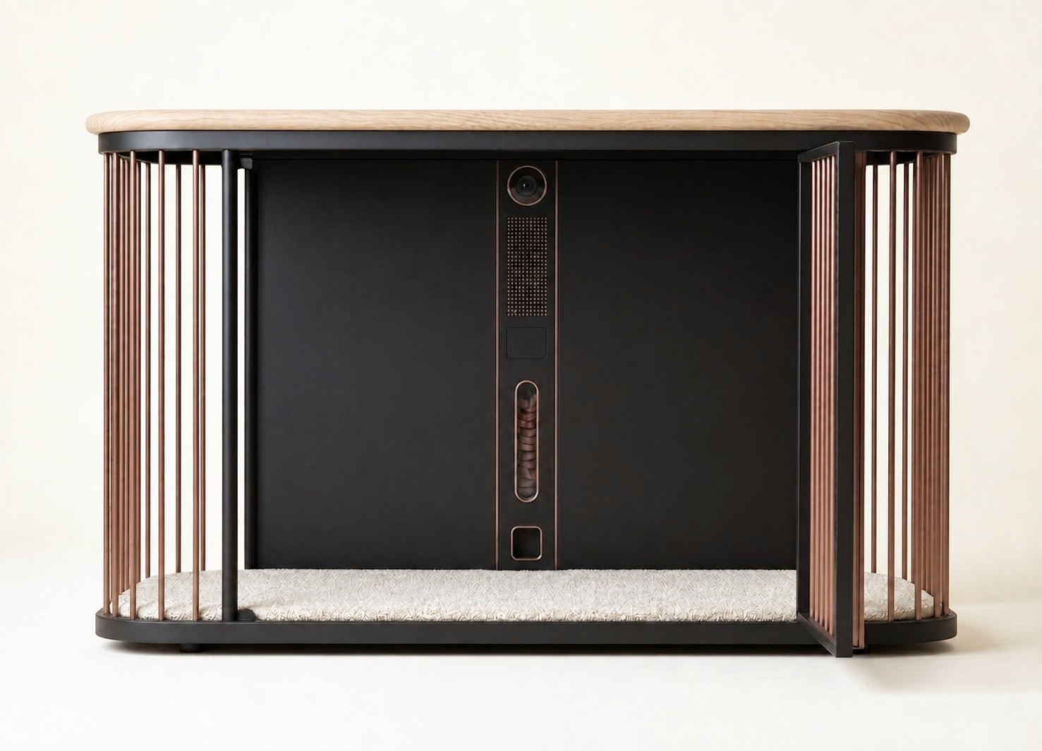 The Koja den: pale oak top, satin bronze rods, matte black frame, and a fitted cream bouclé mat inside
