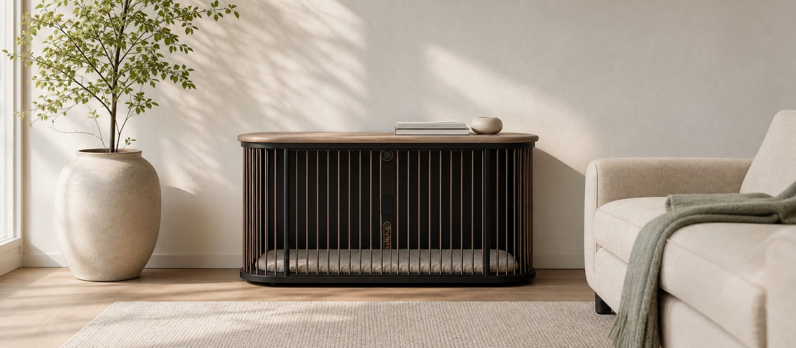 Koja styled in a quiet living room with pale oak, linen, and a restrained bronze accent