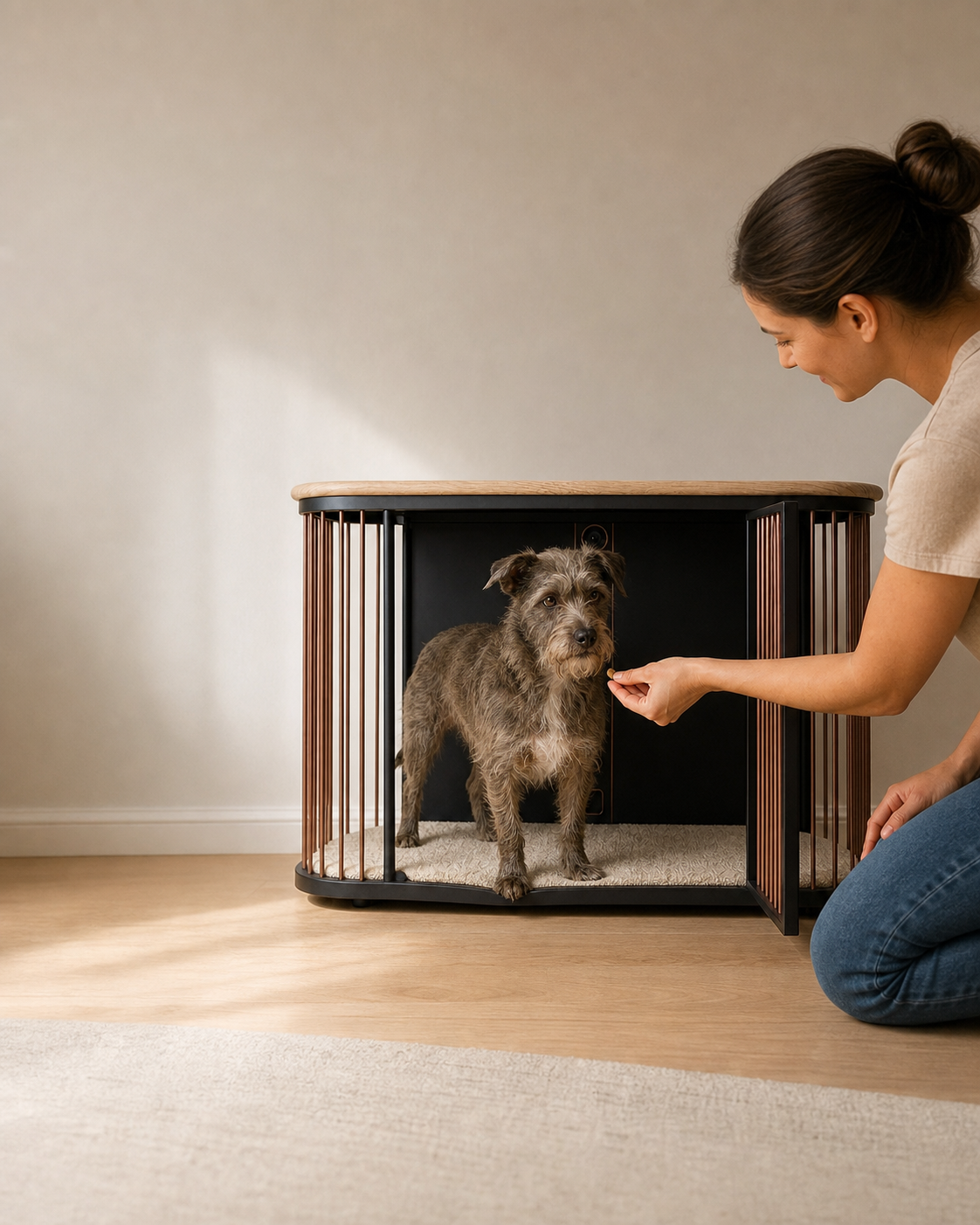 A caregiver rewards a dog beside Koja