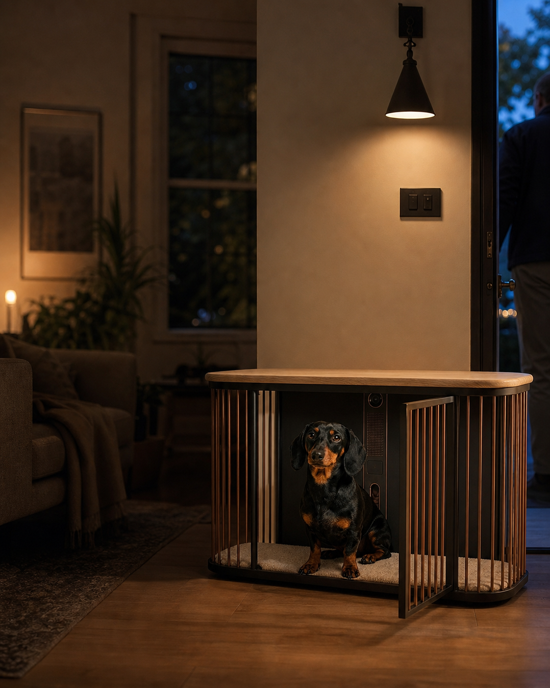 A dog waits inside Koja while a visitor arrives