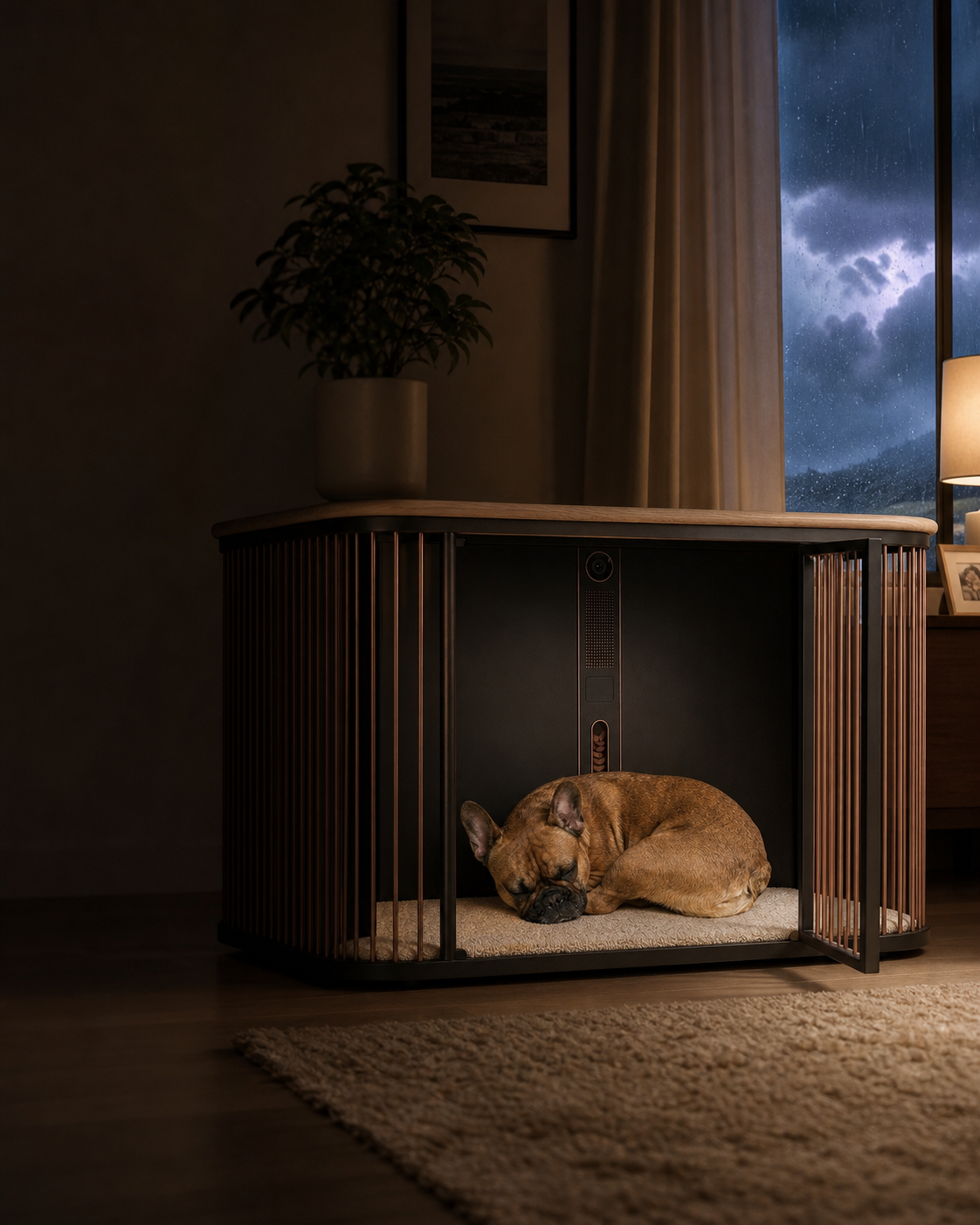 A dog rests inside Koja on a stormy night